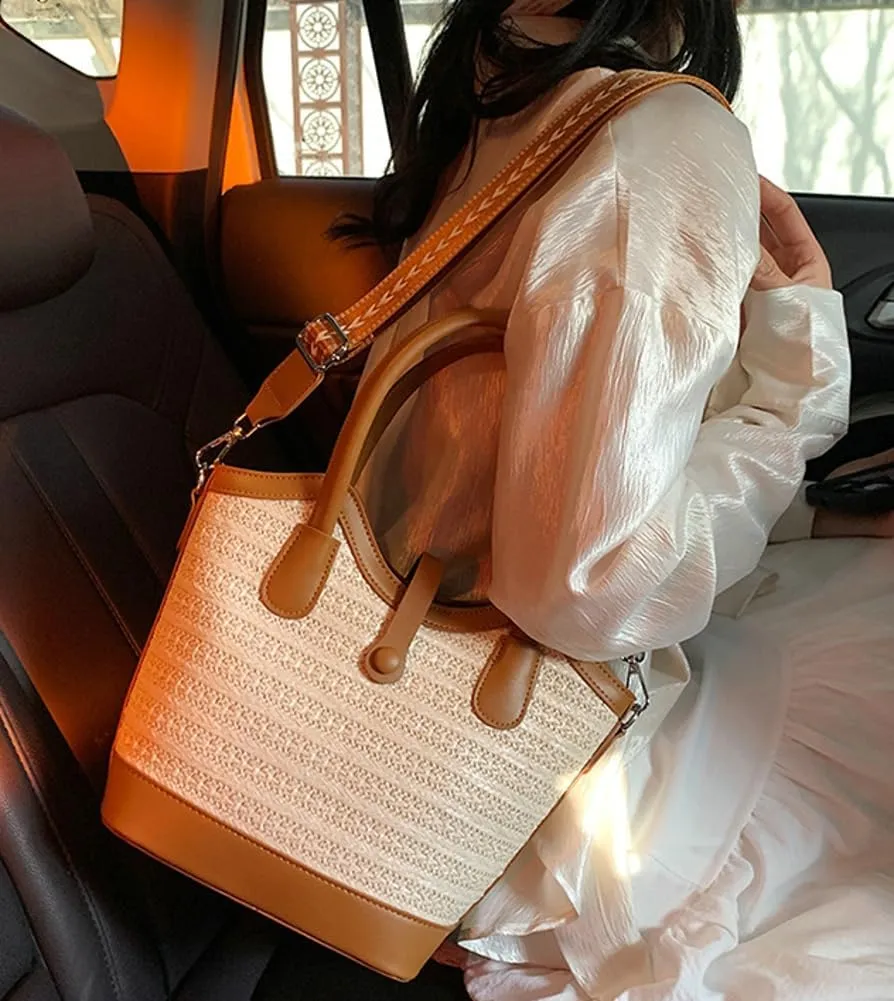 Top Handle Bag Straw Crossbody Bags for Women Trendy Straw Tote Bucket Purse with Wide Strap Summer Purse for Beach Vacation