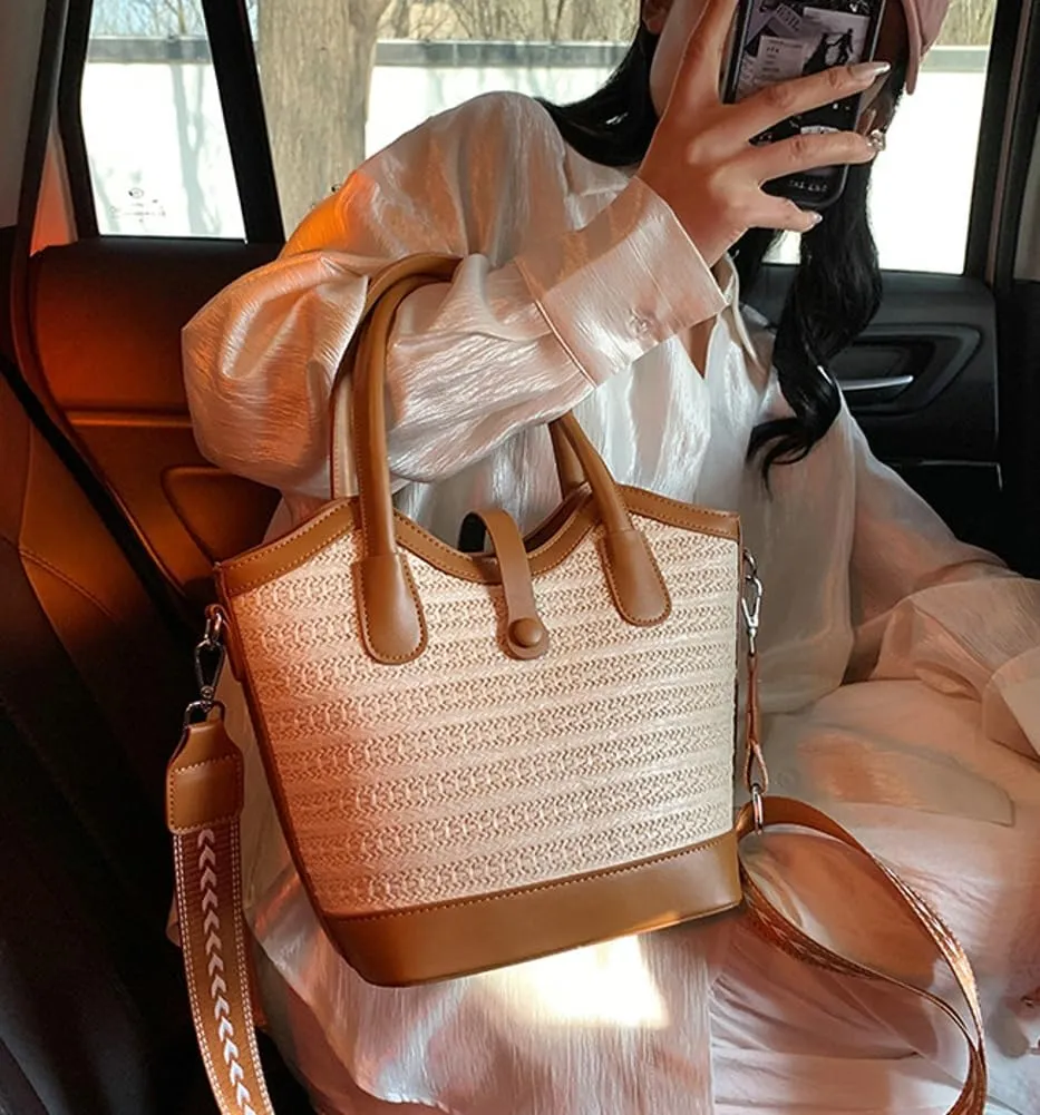 Top Handle Bag Straw Crossbody Bags for Women Trendy Straw Tote Bucket Purse with Wide Strap Summer Purse for Beach Vacation