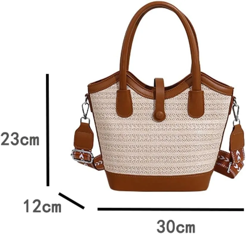 Top Handle Bag Straw Crossbody Bags for Women Trendy Straw Tote Bucket Purse with Wide Strap Summer Purse for Beach Vacation