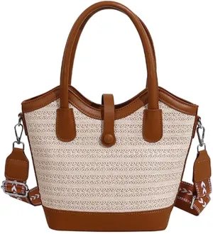 Top Handle Bag Straw Crossbody Bags for Women Trendy Straw Tote Bucket Purse with Wide Strap Summer Purse for Beach Vacation