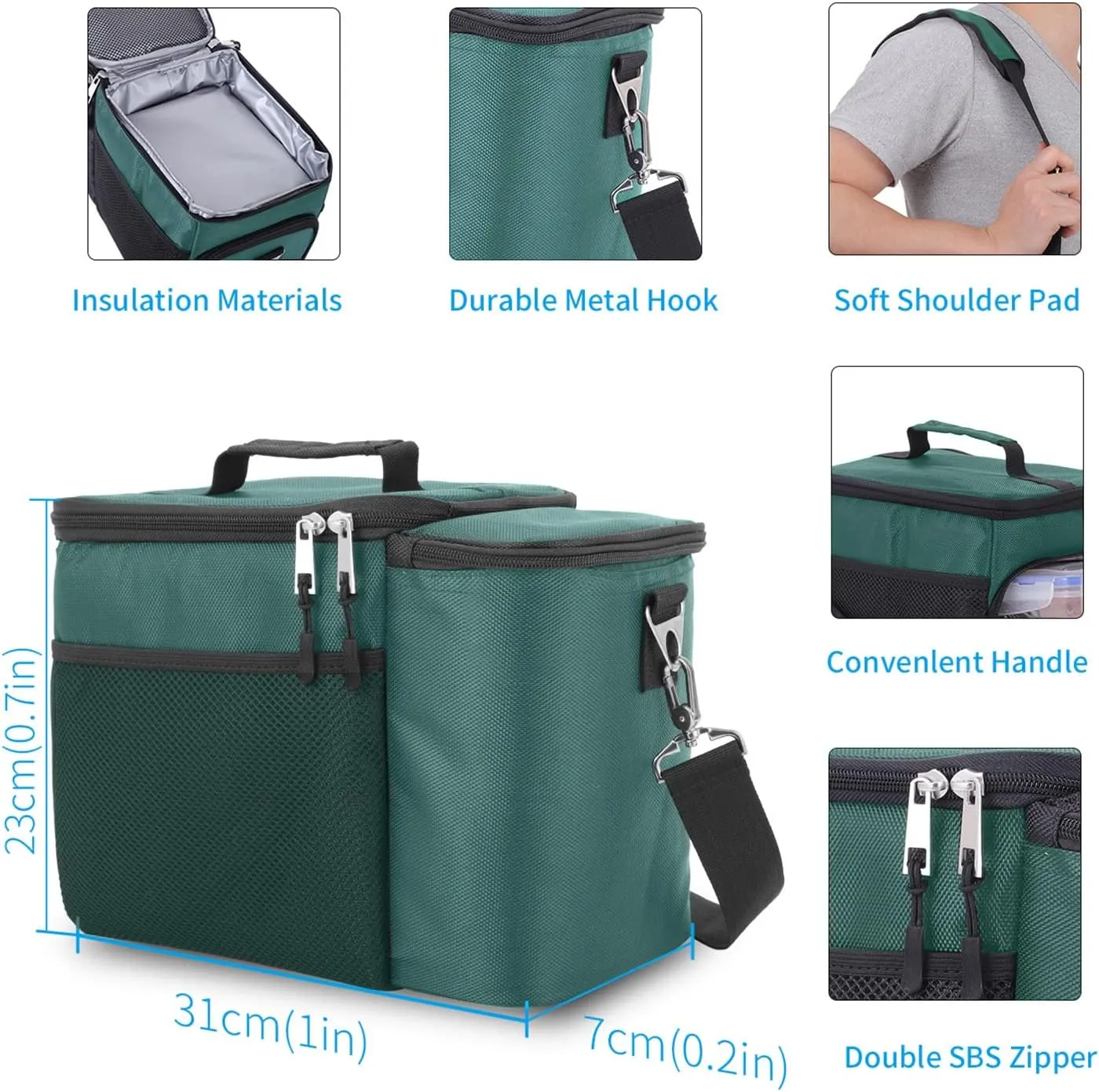TOP&TOP Insulated Lunch Box and Cooler Bag for Men, Green, Unisex, Polyester, 13"L x 7"W x 9"H, 3 Reusable Meal Prep Containers, 2 Ice Packs, Detachable Shoulder Strap