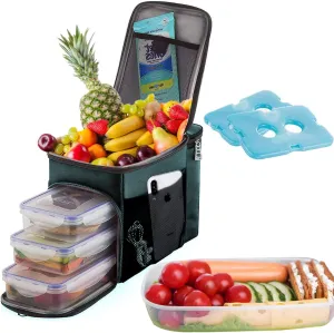 TOP&TOP Insulated Lunch Box and Cooler Bag for Men, Green, Unisex, Polyester, 13"L x 7"W x 9"H, 3 Reusable Meal Prep Containers, 2 Ice Packs, Detachable Shoulder Strap