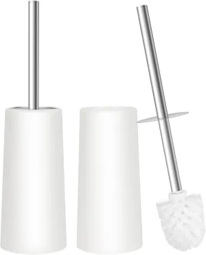 Topsky 2 Pack Closed Toilet Brush with Stainless Steel Handle - White Toilet Brush with Compact Holder & Conical Plastic Container - Hygienic, Modern & Space Saving for Bathroom & Toilet (White)