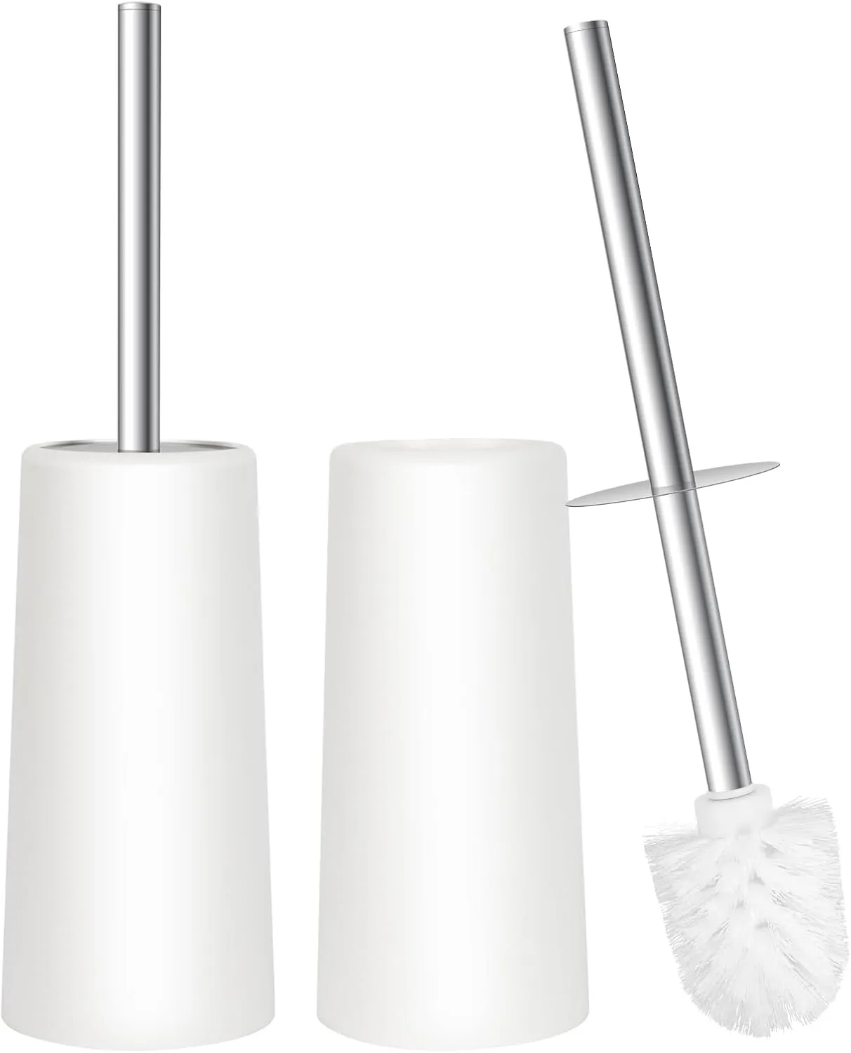 Topsky 2 Pack Closed Toilet Brush with Stainless Steel Handle - White Toilet Brush with Compact Holder & Conical Plastic Container - Hygienic, Modern & Space Saving for Bathroom & Toilet (White)