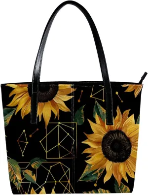 Tote Bags, Large Tote Bag, Tote Bag with Zipper, Sunflower Geometric Pattern Modern, Tote Bags Women
