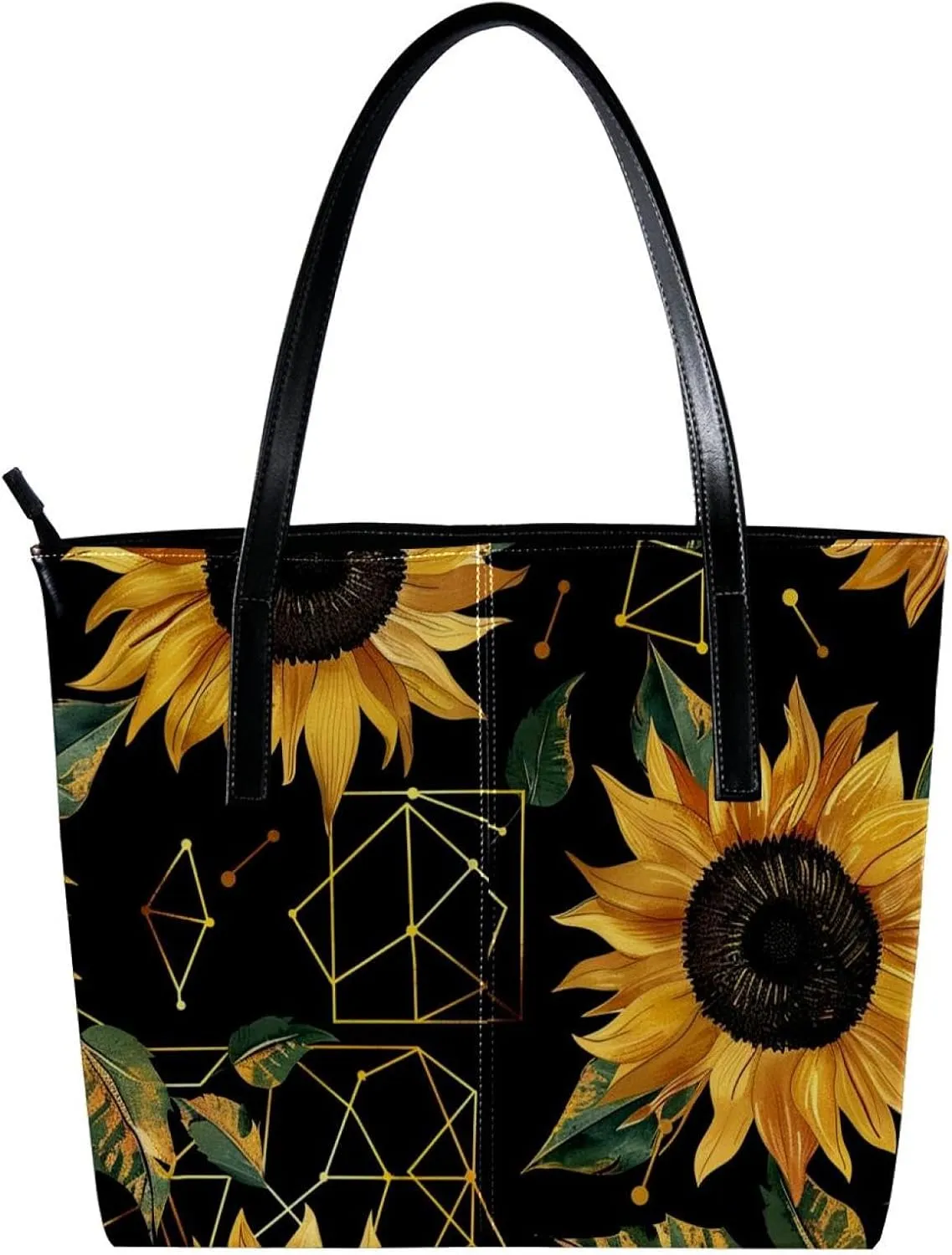 Tote Bags, Large Tote Bag, Tote Bag with Zipper, Sunflower Geometric Pattern Modern, Tote Bags Women