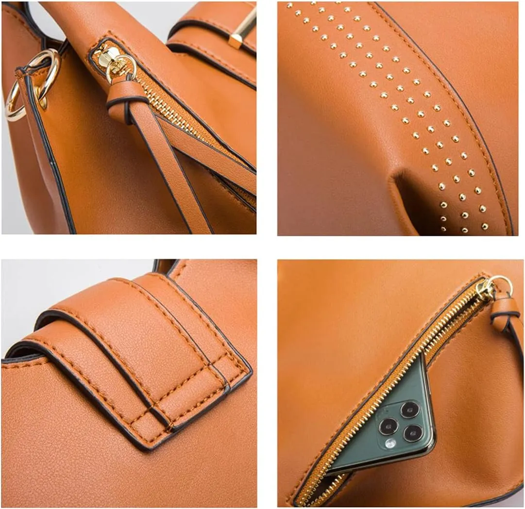 Tote Handbag for Women Pu Leather Rivets Shoulder Crossbody Bag Satchel Clutch Purses 3 Pcs Set