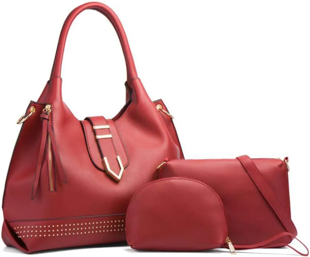 Tote Handbag for Women Pu Leather Rivets Shoulder Crossbody Bag Satchel Clutch Purses 3 Pcs Set