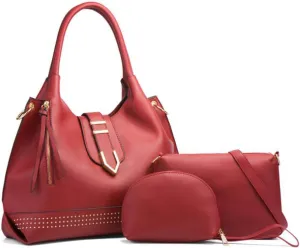 Tote Handbag for Women Pu Leather Rivets Shoulder Crossbody Bag Satchel Clutch Purses 3 Pcs Set