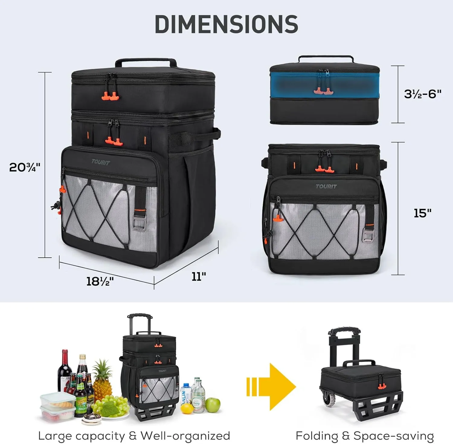 TOURIT 75 Can Rolling Cooler Detachable Double Deck Beach Cooler with Wheels Collapsible for Outdoor, Camping, Picnic, Travel