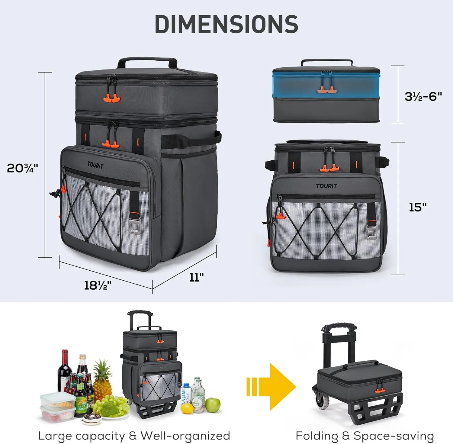 TOURIT 75 Can Rolling Cooler Detachable Double Deck Beach Cooler with Wheels Collapsible for Outdoor, Camping, Picnic, Travel