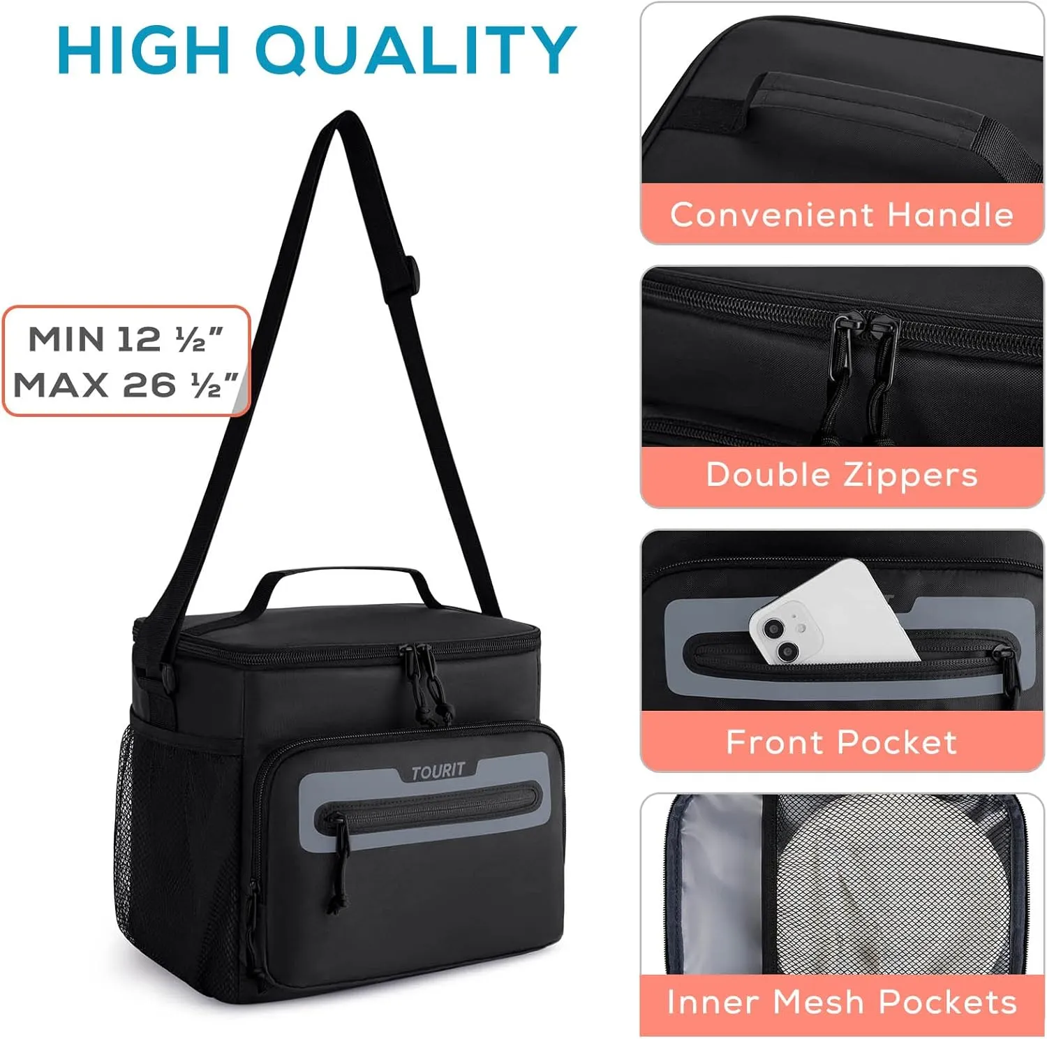 TOURIT Large Lunch Bag 14L Insulated Lunch Box Lunch Cooler for Men Women Work, Black