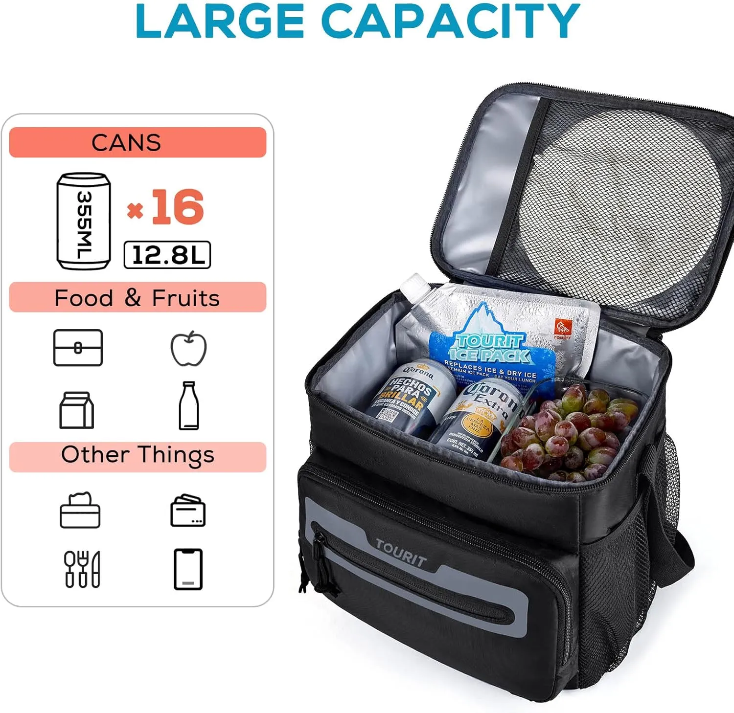 TOURIT Large Lunch Bag 14L Insulated Lunch Box Lunch Cooler for Men Women Work, Black