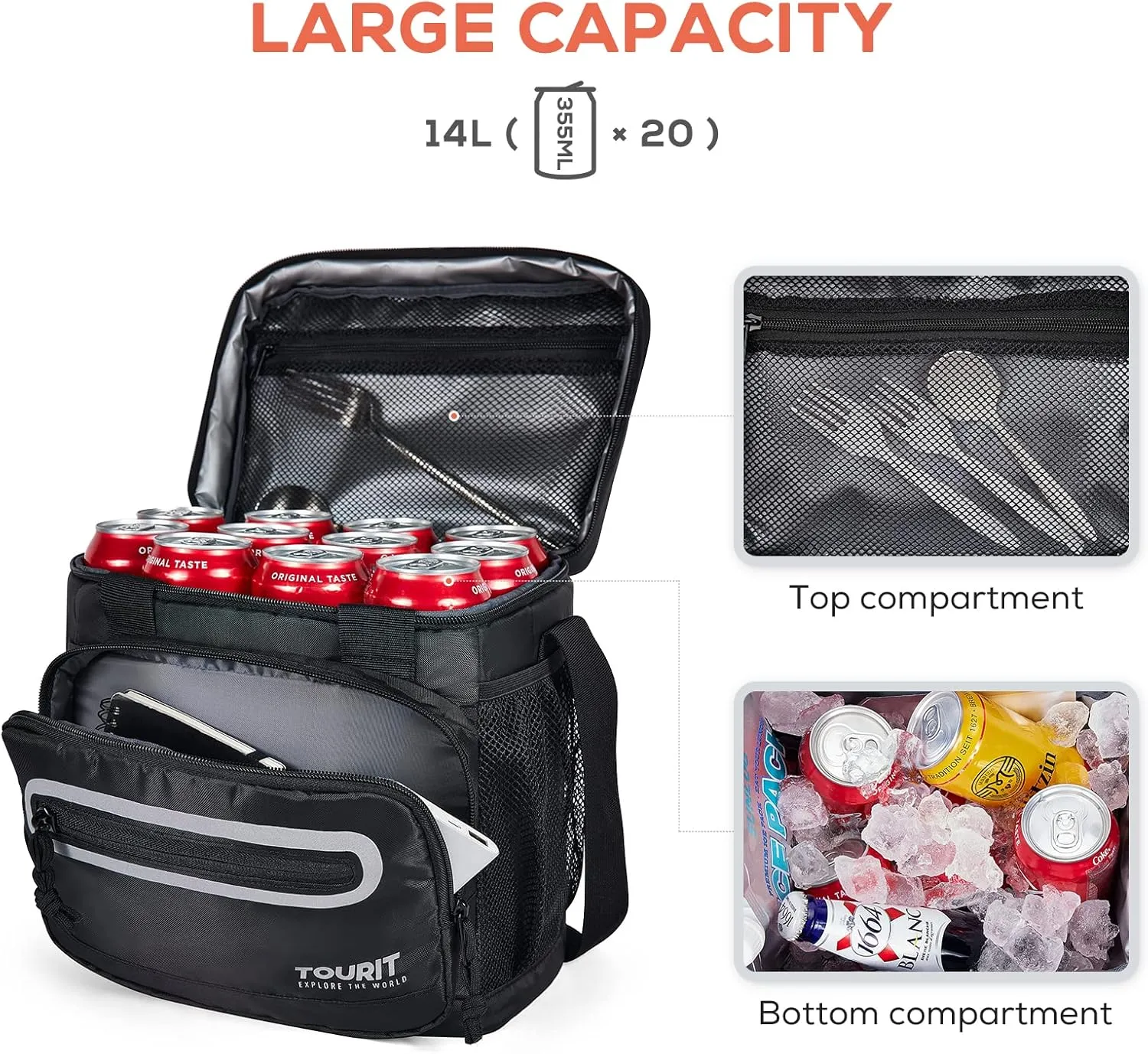 TOURIT Large Lunch Bag 14L Insulated Lunch Box Lunch Cooler for Men Women Work, Black