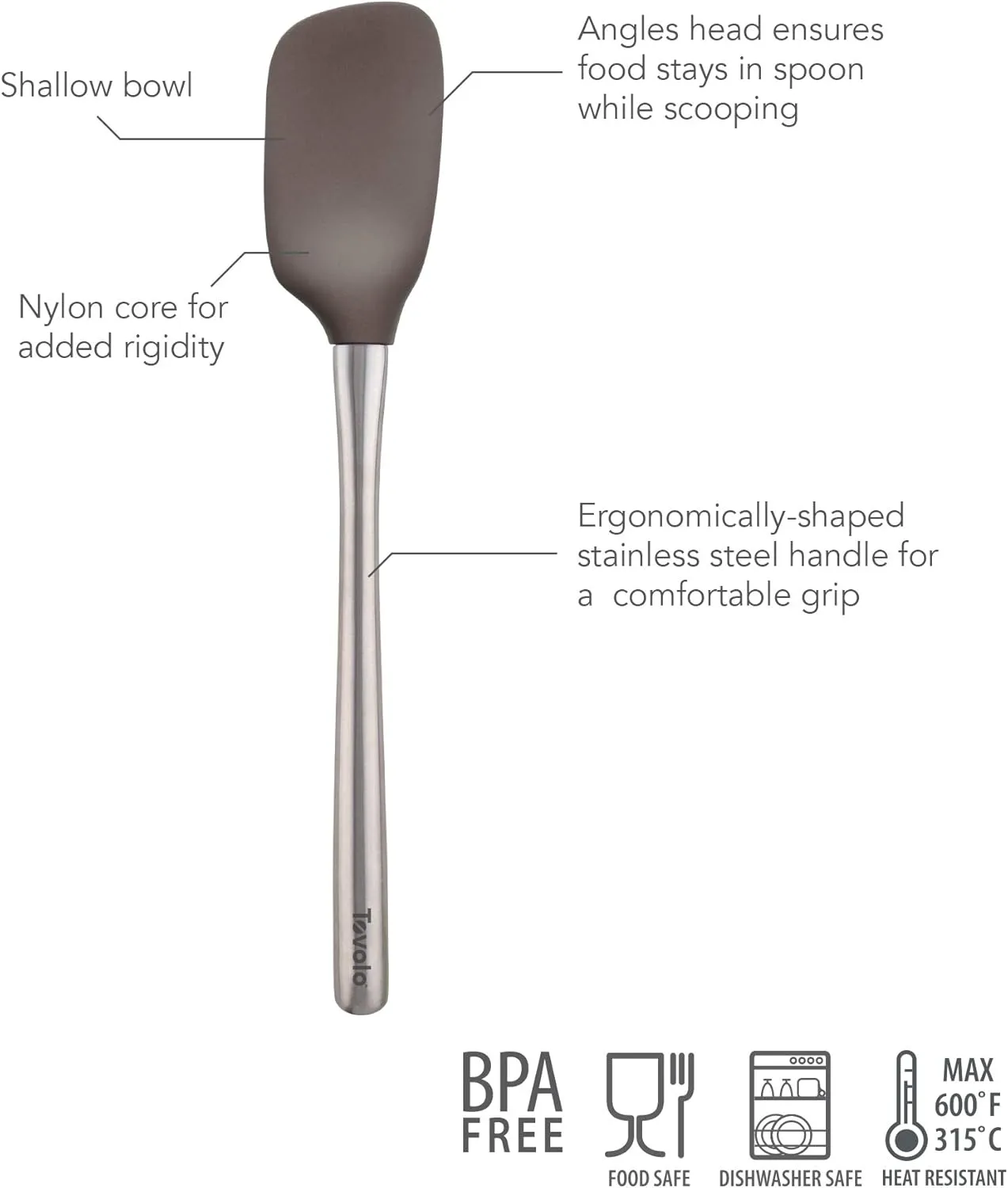 Tovolo Flex-Core Stainless Steel Handled Spoonula Spatula Spoon, Ergonomic Grip, Dishwasher Safe, Charcoal