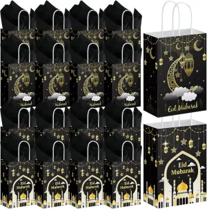 Trandraft 24 Pcs Ramadan Mubarak Gift Bags with Tissue Paper Ramadan Goodies Happy Eid Gift Bags Muslim Party Favor with Handle for Eid Muslim Supplies Al Fitr Party Decoration(Black)