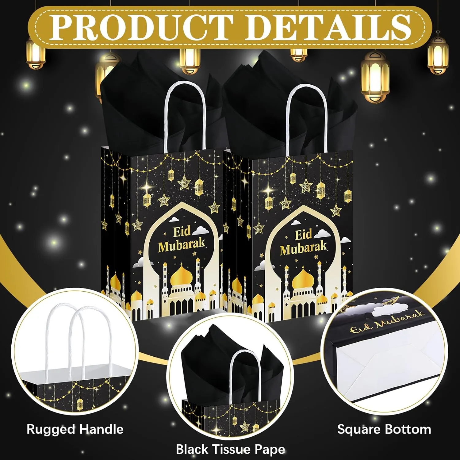 Trandraft 24 Pcs Ramadan Mubarak Gift Bags with Tissue Paper Ramadan Goodies Happy Eid Gift Bags Muslim Party Favor with Handle for Eid Muslim Supplies Al Fitr Party Decoration(Black)