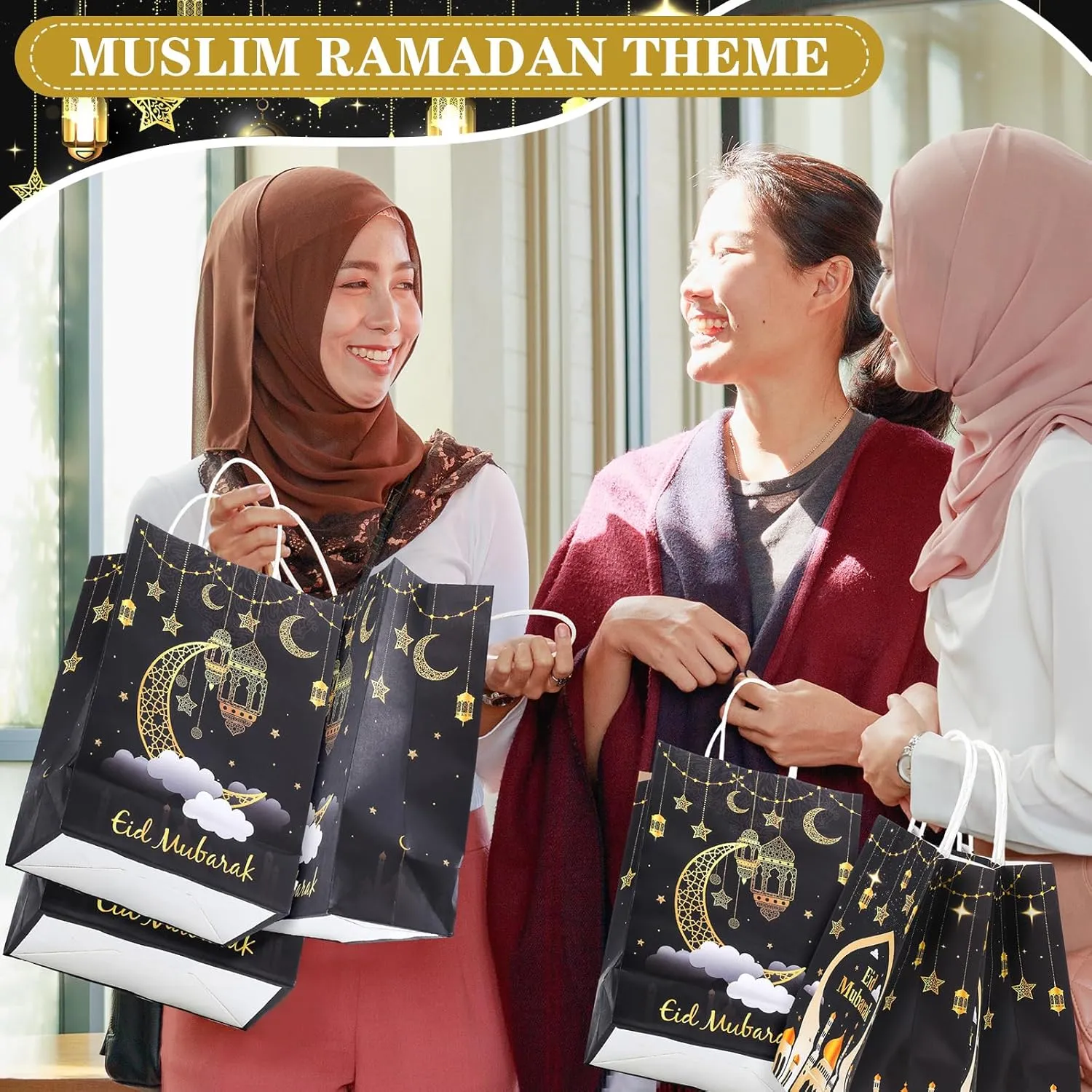 Trandraft 24 Pcs Ramadan Mubarak Gift Bags with Tissue Paper Ramadan Goodies Happy Eid Gift Bags Muslim Party Favor with Handle for Eid Muslim Supplies Al Fitr Party Decoration(Black)