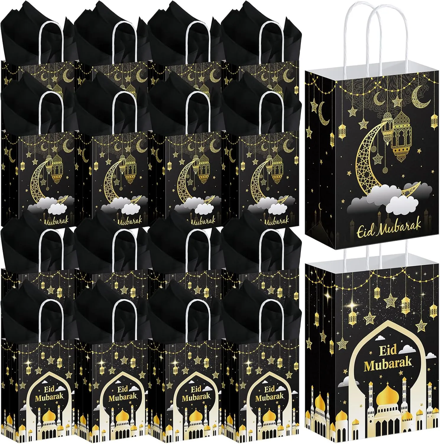 Trandraft 24 Pcs Ramadan Mubarak Gift Bags with Tissue Paper Ramadan Goodies Happy Eid Gift Bags Muslim Party Favor with Handle for Eid Muslim Supplies Al Fitr Party Decoration(Black)