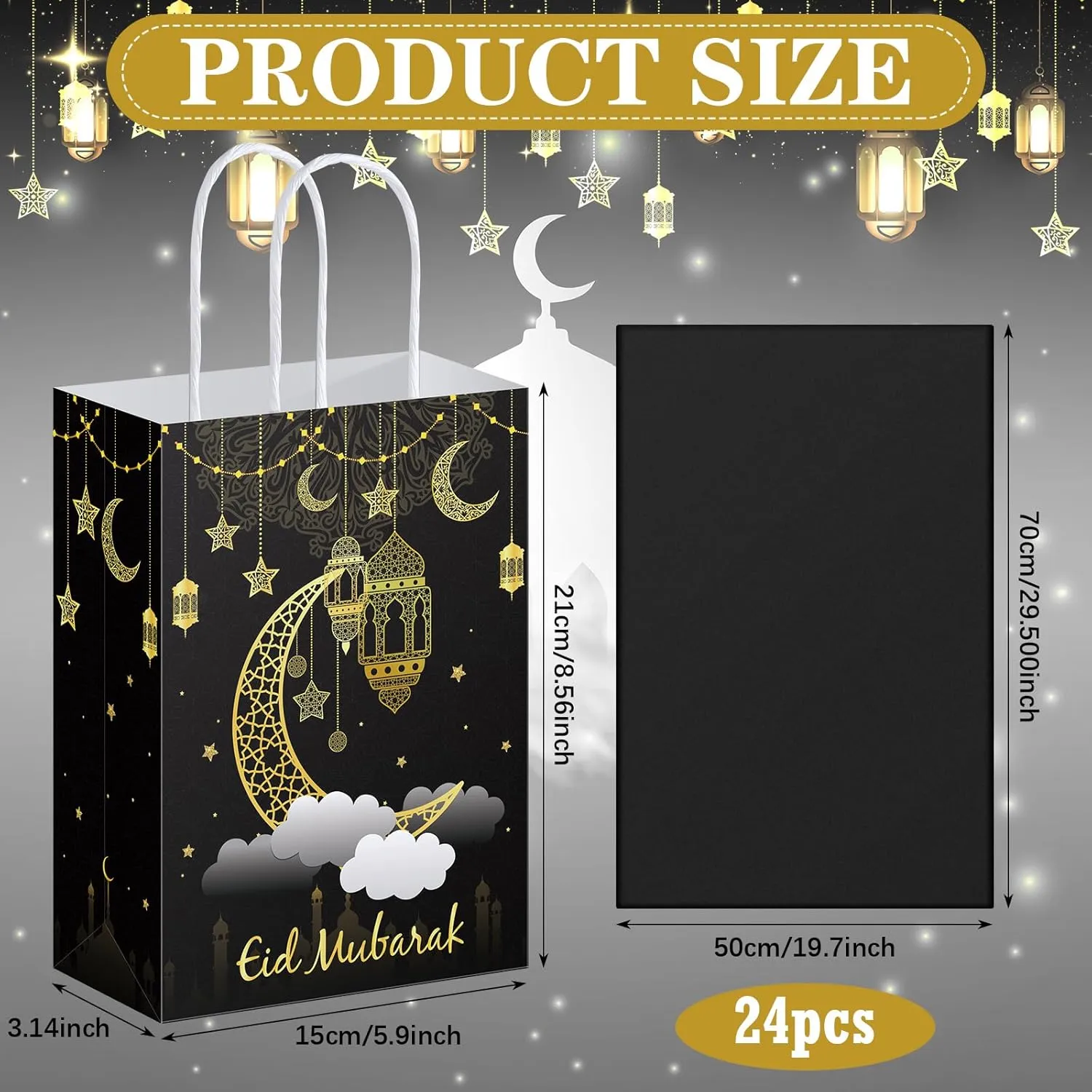 Trandraft 24 Pcs Ramadan Mubarak Gift Bags with Tissue Paper Ramadan Goodies Happy Eid Gift Bags Muslim Party Favor with Handle for Eid Muslim Supplies Al Fitr Party Decoration(Black)
