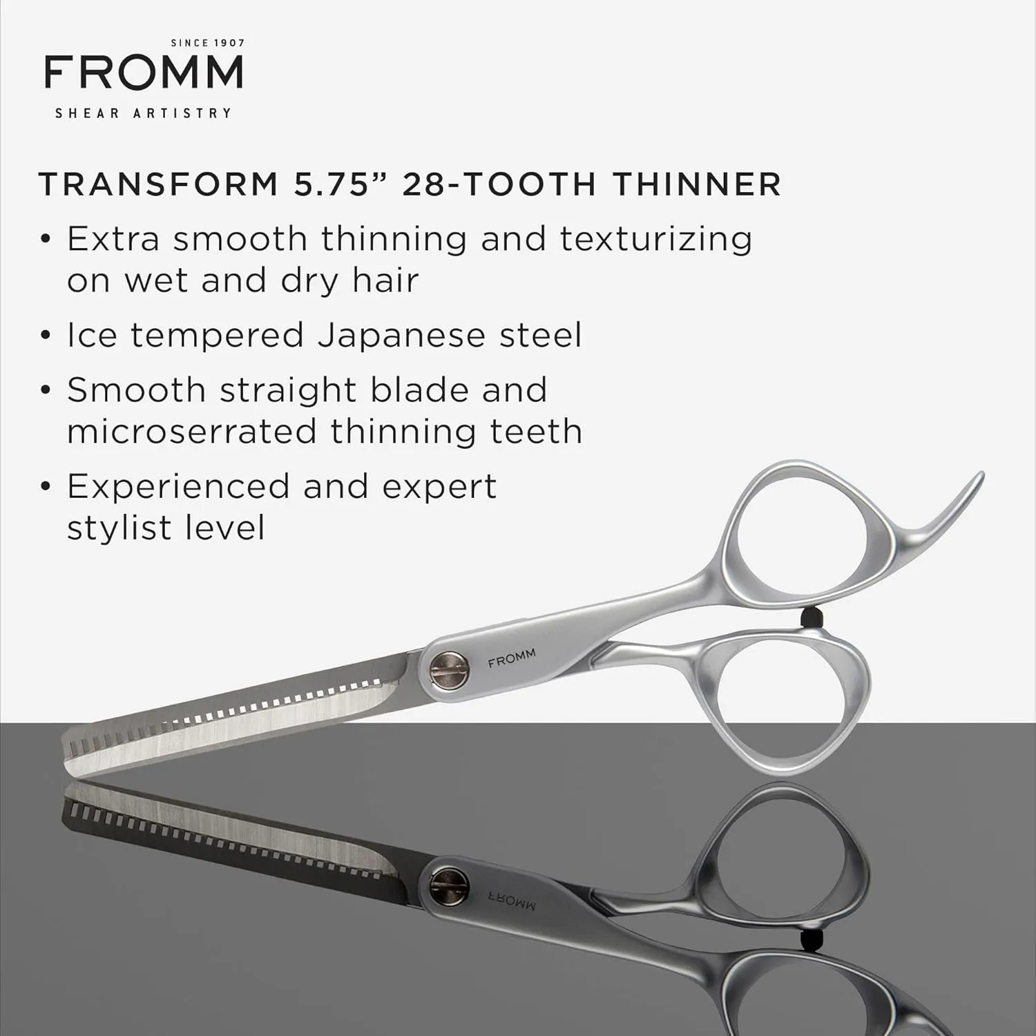 Transform 5.75" 28 Tooth Thinning Shears for Haircutting Wet and Dry Hair, Polished Silver Japanese Steel Scissors with Beveled Blades and Microserrated Thinning Teeth