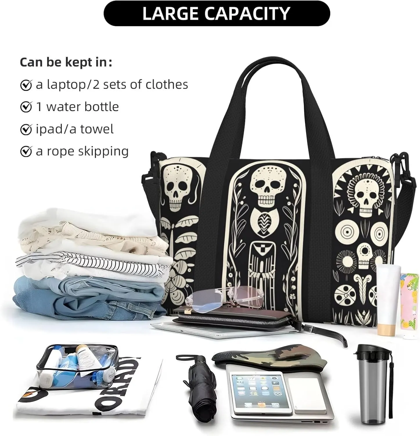 Travel Duffle Bag Fanny Skull Skeleton Weekender Overnight Bags Luggage Bag for Women Men Waterproof Sports Gym Bag Hand Bag with Shoulder Strap