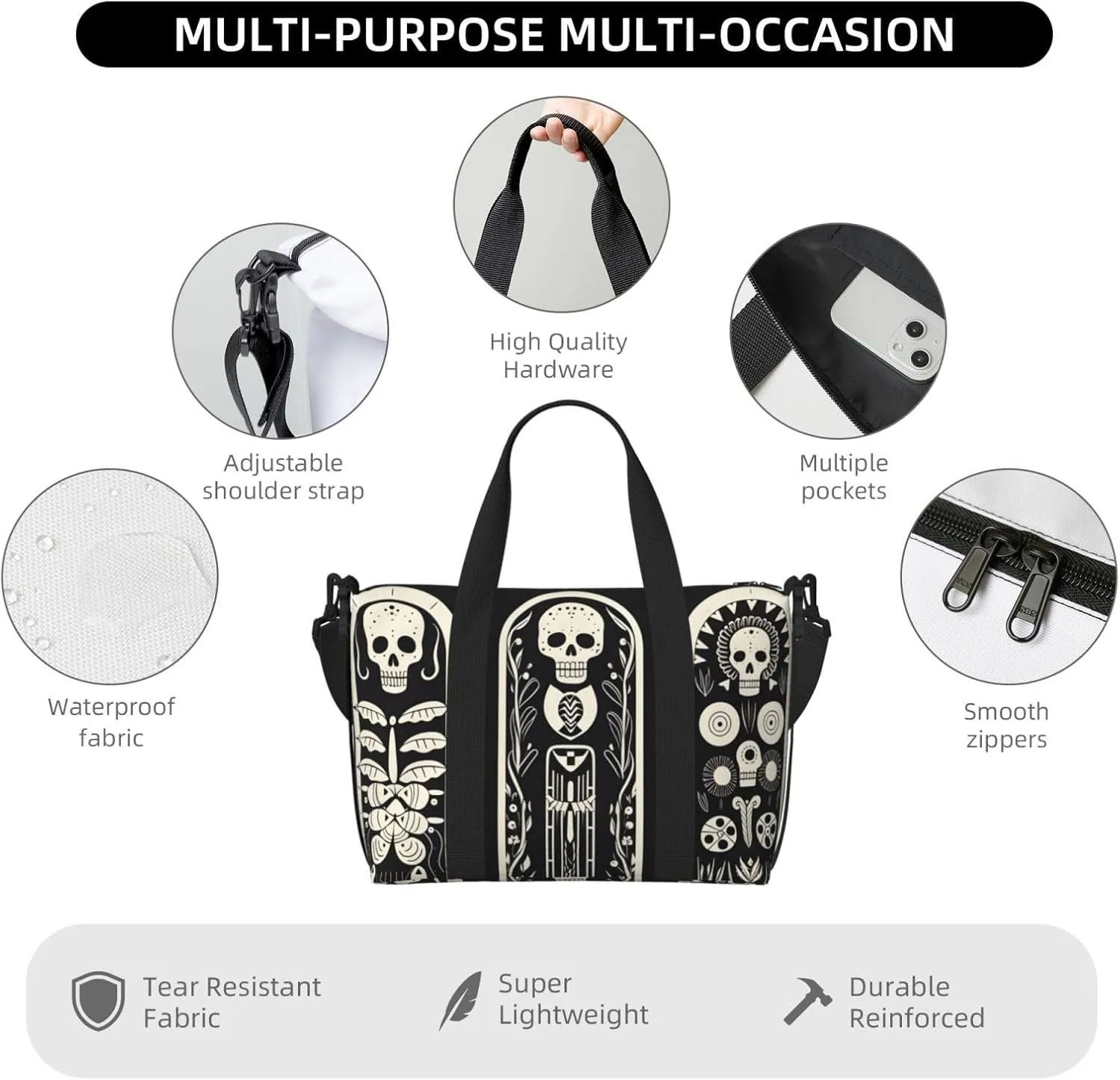 Travel Duffle Bag Fanny Skull Skeleton Weekender Overnight Bags Luggage Bag for Women Men Waterproof Sports Gym Bag Hand Bag with Shoulder Strap
