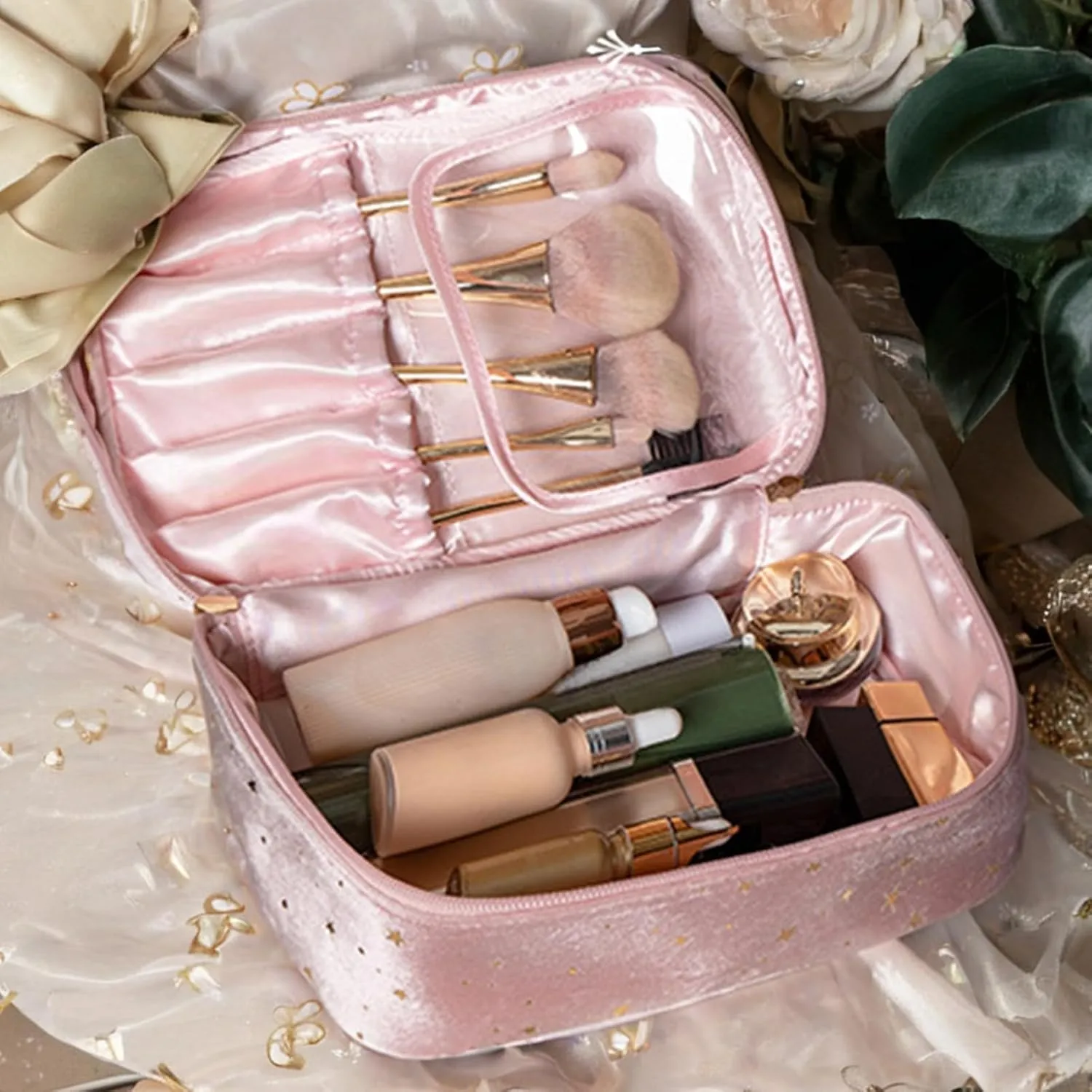 Travel Makeup Bag, Large Capacity Cosmetic Bags for Women, Waterproof Portable Pouch Open Flat Toiletry Bag Make up Organizer for Travel Essentials, Valentines Day Gifts for Women Mom (C, Pink)