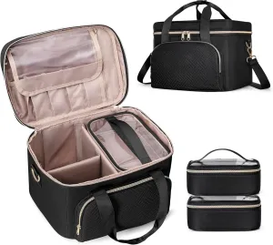 Travel Makeup Bag with 2 Pouches and Adjustable Dividers, Large Cosmetic Case Make up Organizer for Women Fits Bottles Vertically, Black (Patented Design)