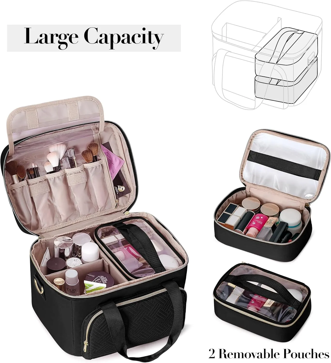 Travel Makeup Bag with 2 Pouches and Adjustable Dividers, Large Cosmetic Case Make up Organizer for Women Fits Bottles Vertically, Black (Patented Design)