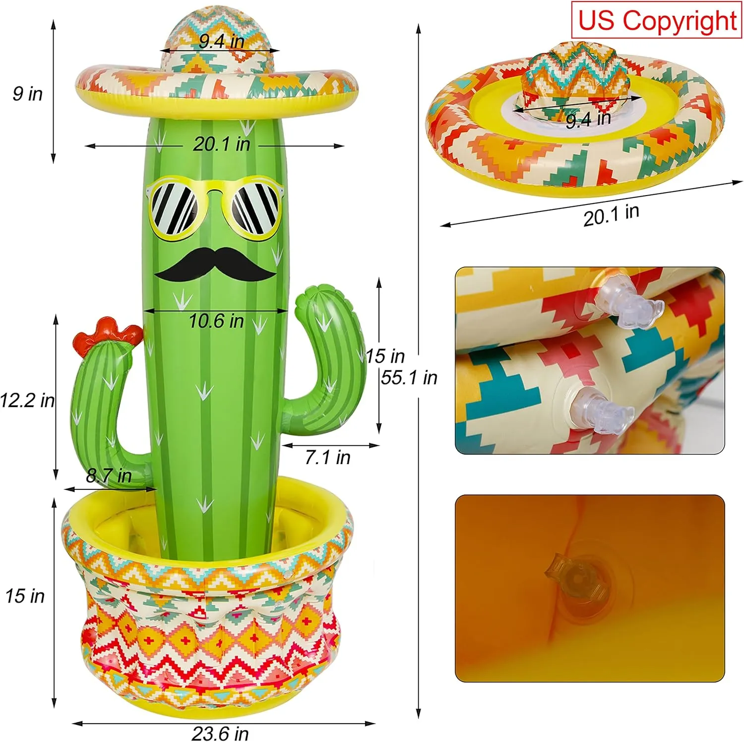 Triumpeek Inflatable Cactus Cooler, 55" Fiesta Cactus Ice Bucket Wearing Sombreros for Summer Swimming Pool Hawaiian Themed Party Supplies
