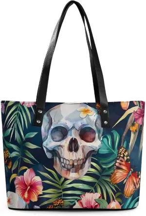 Tropical Leaves Flowers Skull Butterfly Women's Tote Shoulder Bag Handbag Top Handle Leather 29 * 34 * 14cm