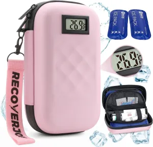 TSA Approved Insulin Cooler Travel Case Diabetic Medication Bag With Thermometer Temperature Display Medication Diabetic Cooler Travel Medicine Organizer Bag for women & 2 Ice Pack-Pink