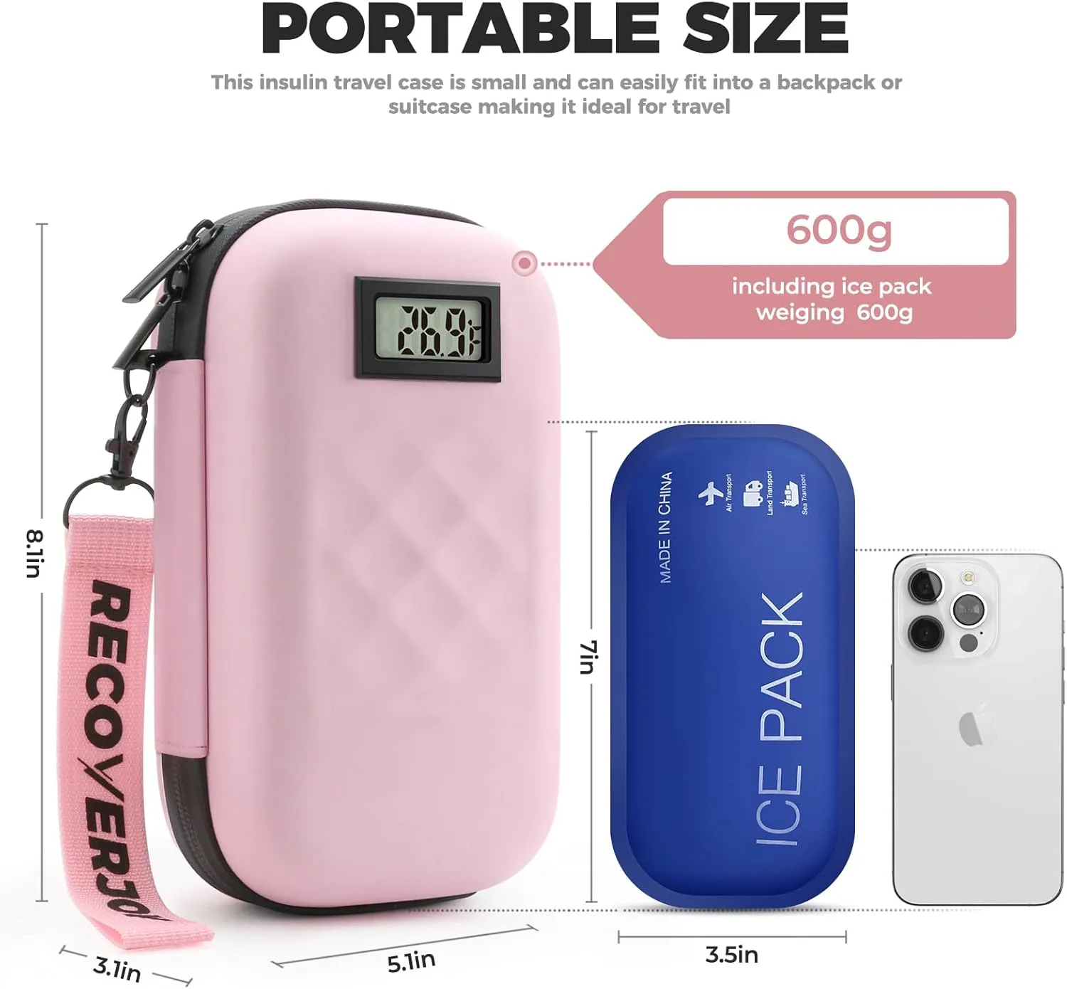 TSA Approved Insulin Cooler Travel Case Diabetic Medication Bag With Thermometer Temperature Display Medication Diabetic Cooler Travel Medicine Organizer Bag for women & 2 Ice Pack-Pink