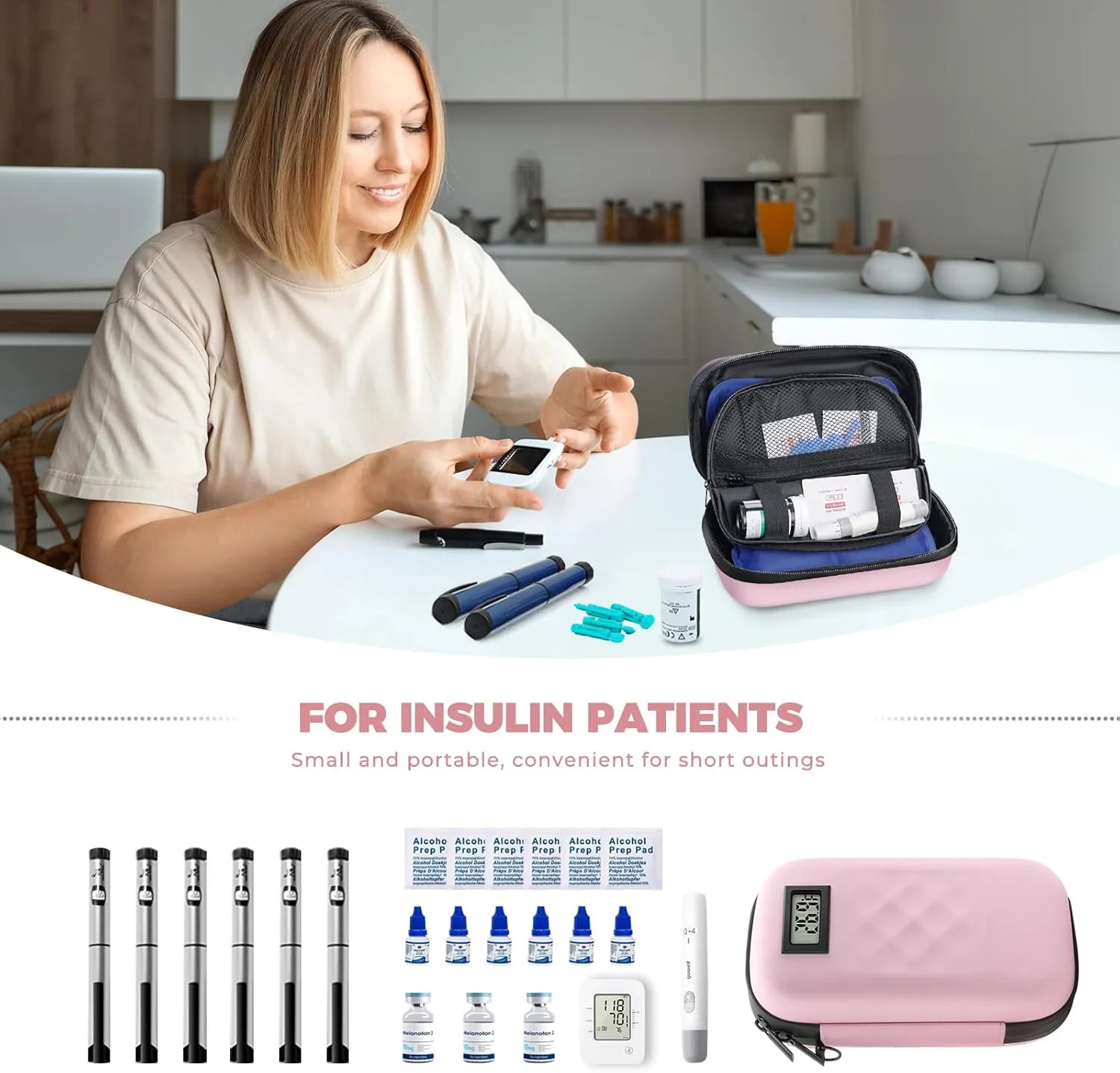TSA Approved Insulin Cooler Travel Case Diabetic Medication Bag With Thermometer Temperature Display Medication Diabetic Cooler Travel Medicine Organizer Bag for women & 2 Ice Pack-Pink