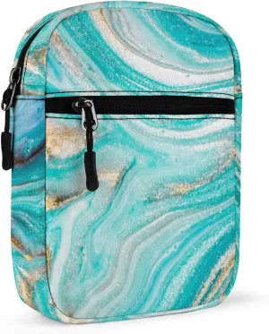 Turquoise Gold Marble Abstract Golden Sequins Liquid Ink Paint Adjustable Fanny Waist Pack Pouch, Waterproof Crossbody Runners Bag Wallet for Gym Hiking Fitness Women Men 6.1 x 2.2 x 7.9 inch