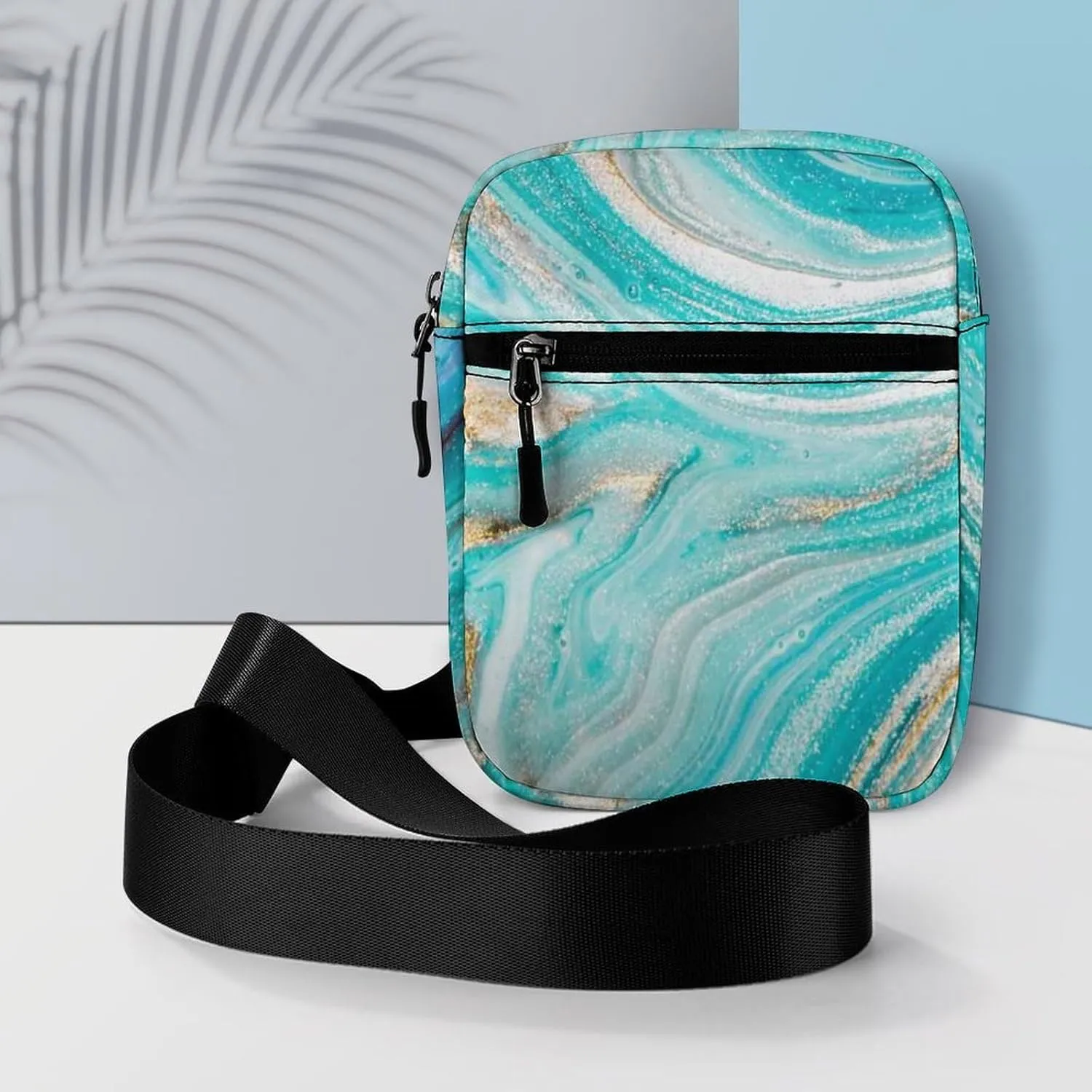 Turquoise Gold Marble Abstract Golden Sequins Liquid Ink Paint Adjustable Fanny Waist Pack Pouch, Waterproof Crossbody Runners Bag Wallet for Gym Hiking Fitness Women Men 6.1 x 2.2 x 7.9 inch