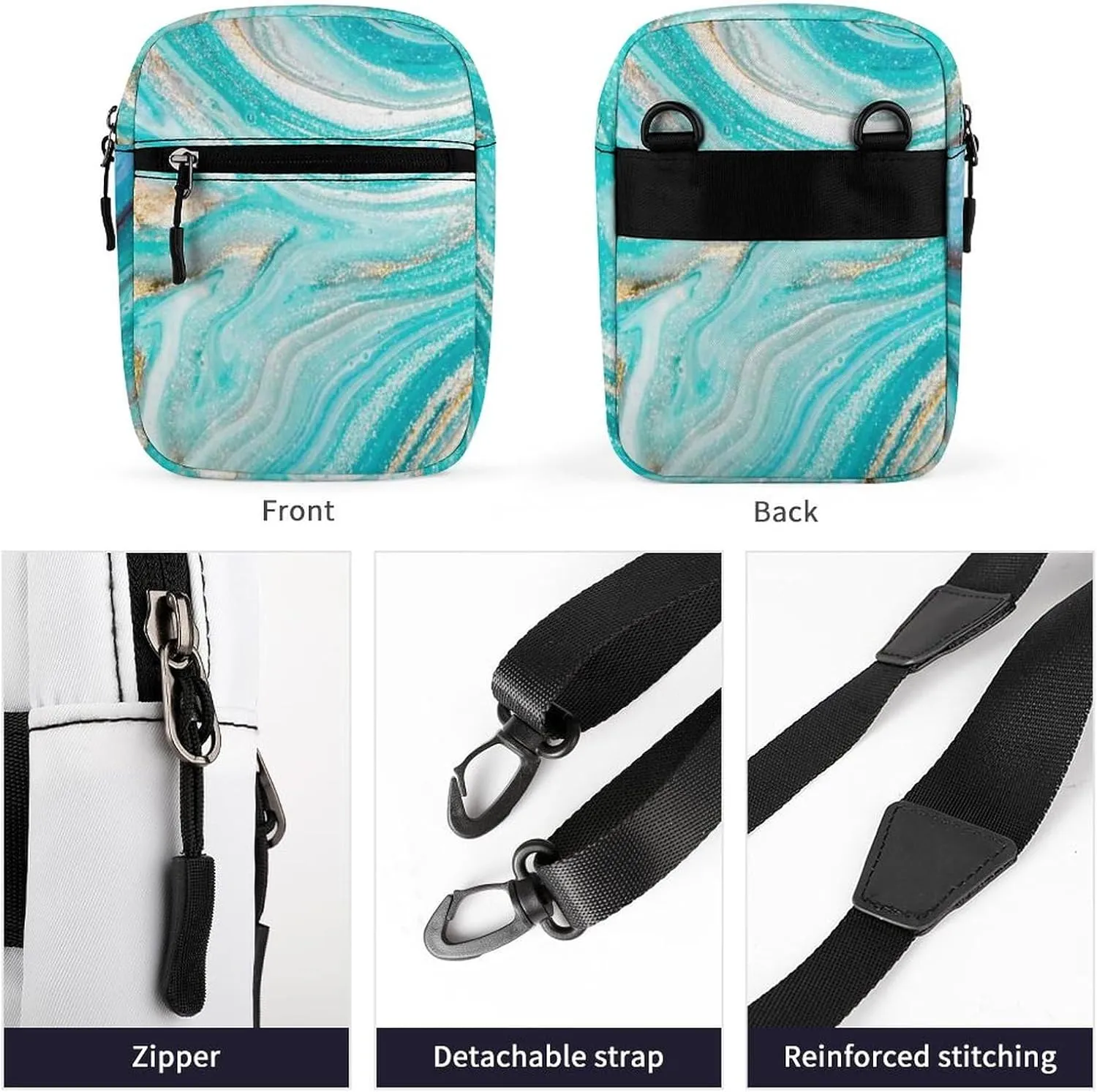 Turquoise Gold Marble Abstract Golden Sequins Liquid Ink Paint Adjustable Fanny Waist Pack Pouch, Waterproof Crossbody Runners Bag Wallet for Gym Hiking Fitness Women Men 6.1 x 2.2 x 7.9 inch