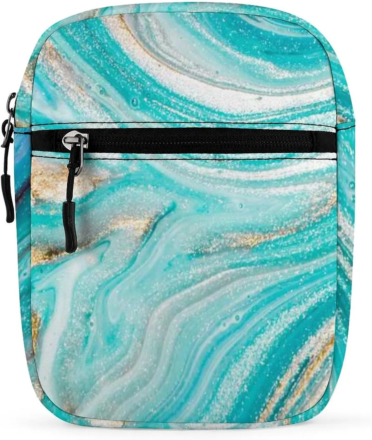 Turquoise Gold Marble Abstract Golden Sequins Liquid Ink Paint Adjustable Fanny Waist Pack Pouch, Waterproof Crossbody Runners Bag Wallet for Gym Hiking Fitness Women Men 6.1 x 2.2 x 7.9 inch