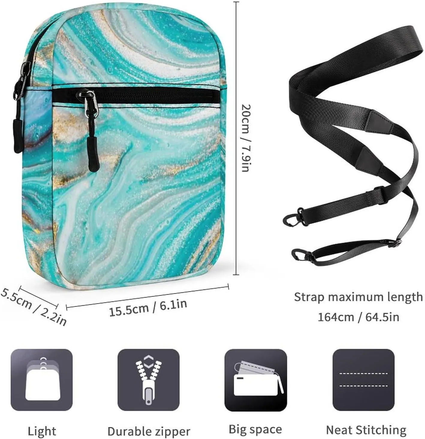 Turquoise Gold Marble Abstract Golden Sequins Liquid Ink Paint Adjustable Fanny Waist Pack Pouch, Waterproof Crossbody Runners Bag Wallet for Gym Hiking Fitness Women Men 6.1 x 2.2 x 7.9 inch