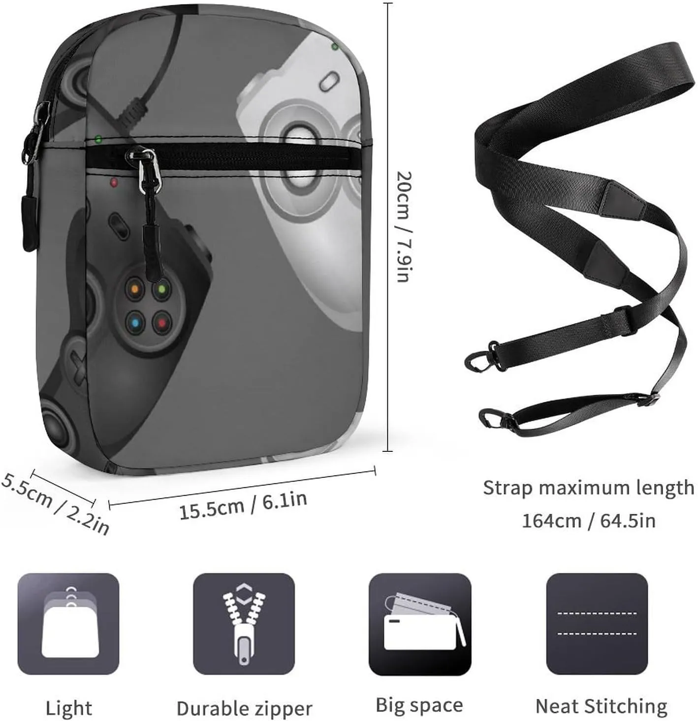 Two Realistic Game Joystick White and Black with a Text Gamer Adjustable Fanny Waist Pack Pouch, Waterproof Crossbody Runners Bag Wallet for Gym Hiking Fitness Women Men 6.1 x 2.2 x 7.9 inch