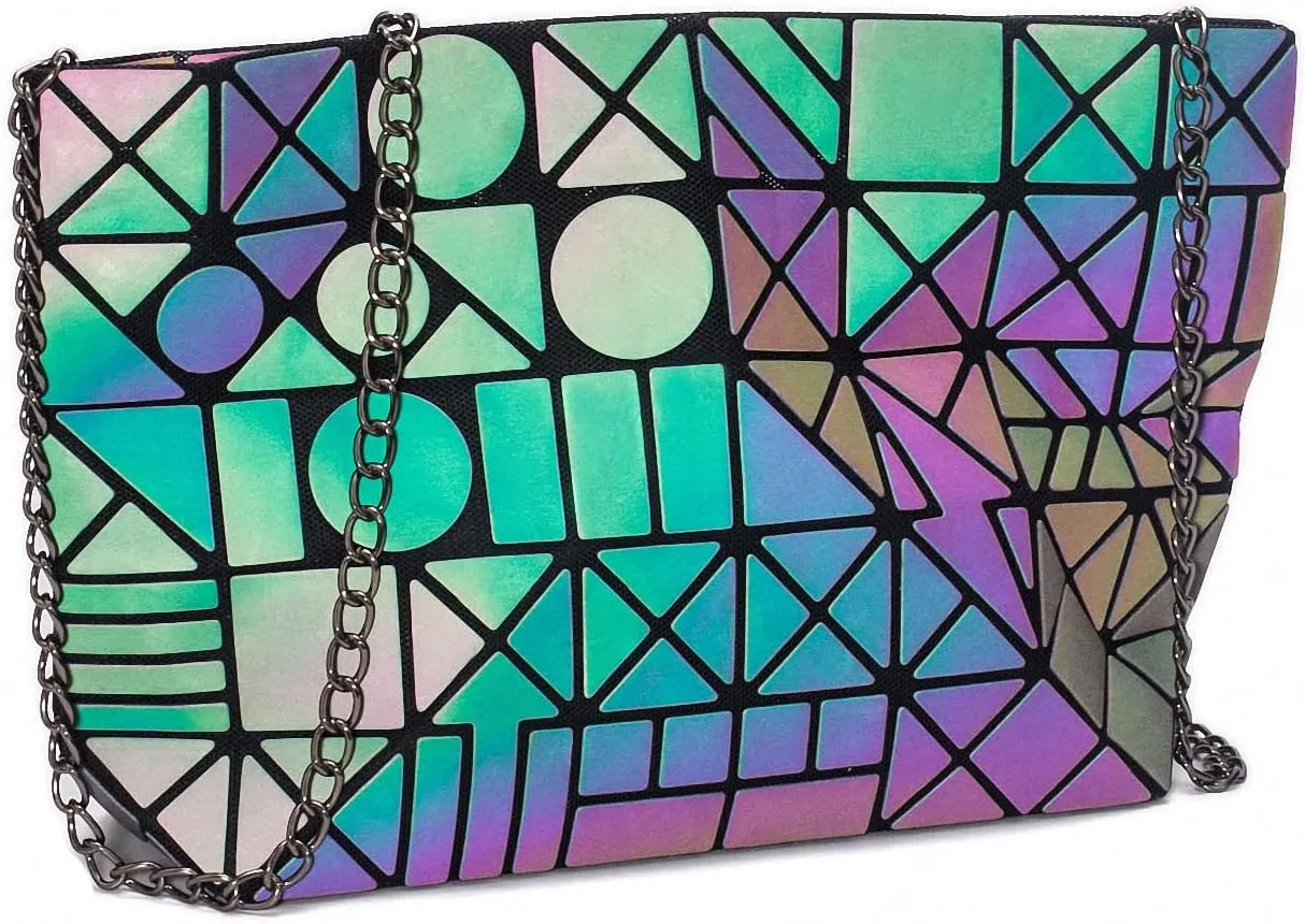 Ulalaza Geometric Lattice Luminous Purse Chain Crossbody Clutch Purses Tote Handbags Holographic for Women