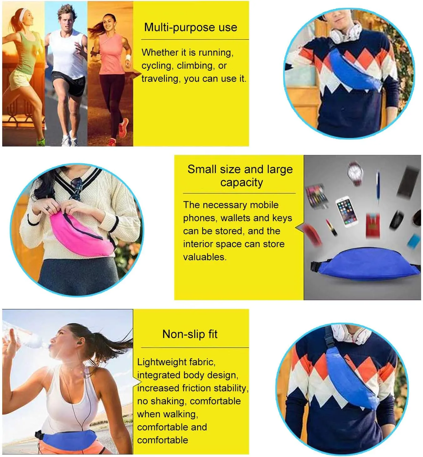Unisex Fanny Pack for Women Men, Fashion Sporty Multi-purpose 2-Zipper Waist Belt Bag Fanny Pack Waist Bag Adjustable Strap for Sport Hiking Traveling Passport Wallet (3Pcs Black)