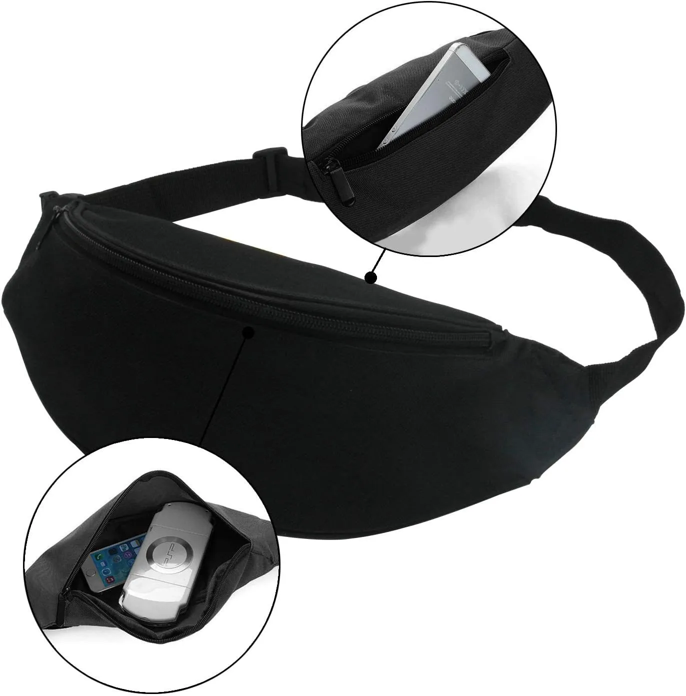 Unisex Fanny Pack for Women Men, Fashion Sporty Multi-purpose 2-Zipper Waist Belt Bag Fanny Pack Waist Bag Adjustable Strap for Sport Hiking Traveling Passport Wallet (3Pcs Black)