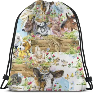 Unisex Rustic Modern Floral Animal Cartoon Rectangular Soft Shell Drawstring Backpack, 14x16.9 Inch, Multicolor, Work, Sport, Leisure, School, Travel