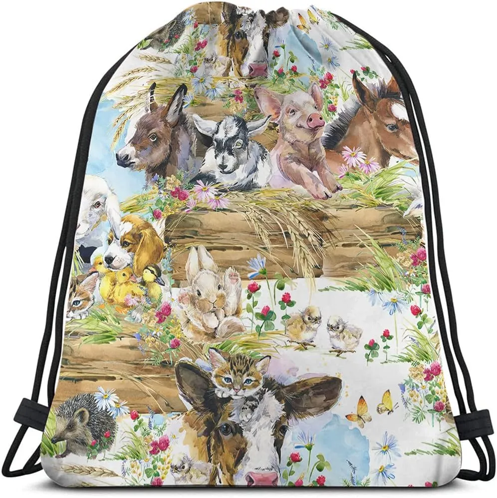 Unisex Rustic Modern Floral Animal Cartoon Rectangular Soft Shell Drawstring Backpack, 14x16.9 Inch, Multicolor, Work, Sport, Leisure, School, Travel