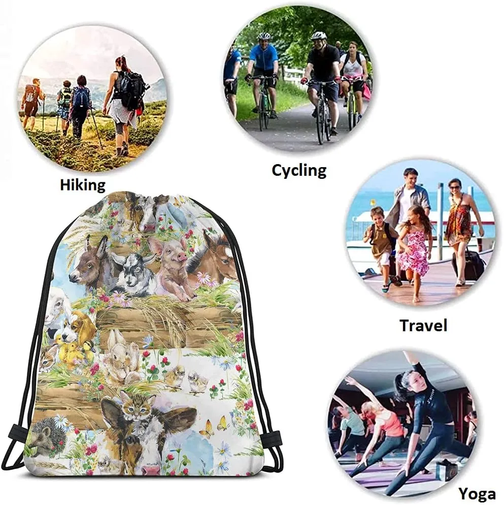Unisex Rustic Modern Floral Animal Cartoon Rectangular Soft Shell Drawstring Backpack, 14x16.9 Inch, Multicolor, Work, Sport, Leisure, School, Travel