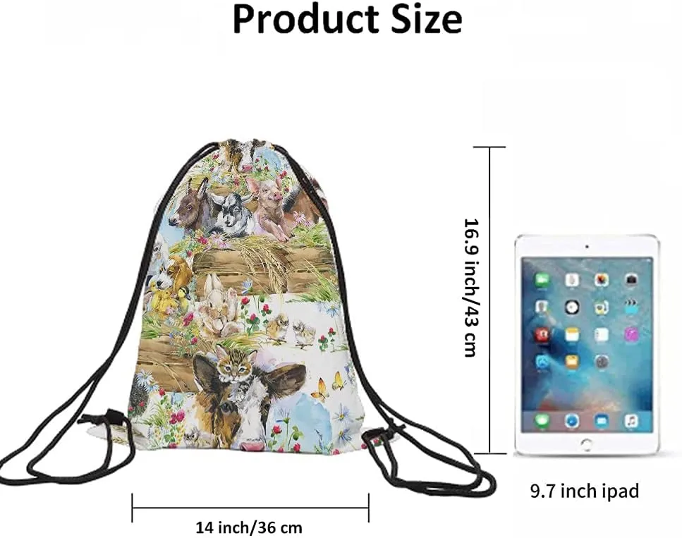 Unisex Rustic Modern Floral Animal Cartoon Rectangular Soft Shell Drawstring Backpack, 14x16.9 Inch, Multicolor, Work, Sport, Leisure, School, Travel