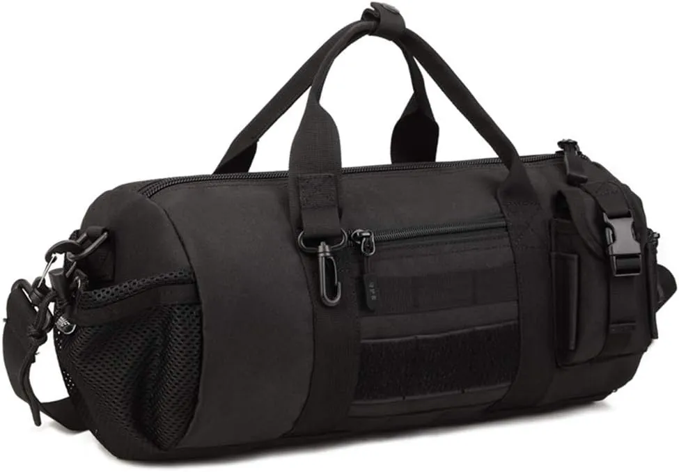 UNISTRENGH Tactical Duffle Cylinder Packs Tote MOLLE Handbag Gear Military Travel Carry On Shoulder Barrels Messenger Bags Small Valise (Black)