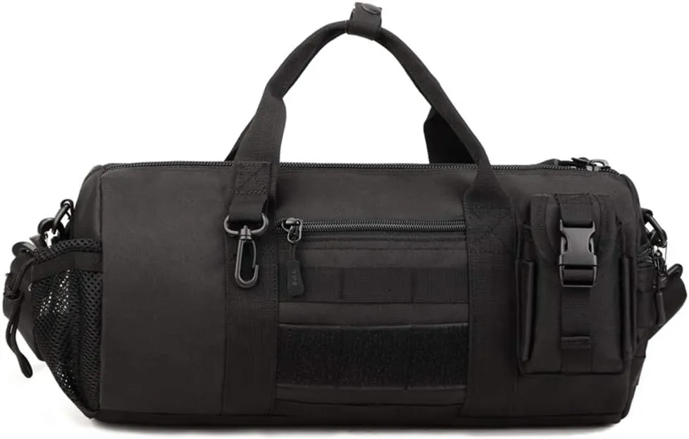 UNISTRENGH Tactical Duffle Cylinder Packs Tote MOLLE Handbag Gear Military Travel Carry On Shoulder Barrels Messenger Bags Small Valise (Black)